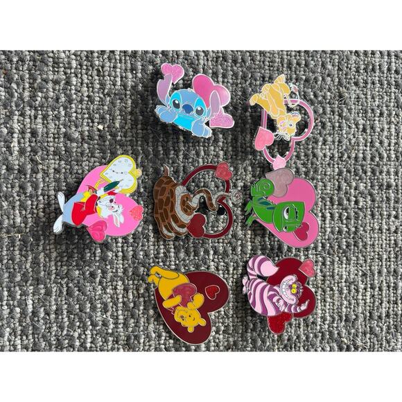 Disney Jewelry - Disneyland Valentine Heart Pin Lot - Stitch, Pooh, Chesire Cat
